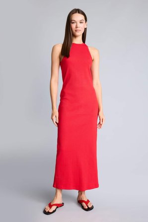 Bodycon Vücudu Saran Halter Yaka Ribana Kolsuz Siyah Maxi Elbise