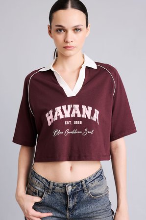 DeFacto %100 Pamuk Oversize Kontrast Polo Yaka Baskılı Crop Tişört I6806AX26AUBR2