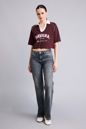 DeFacto %100 Pamuk Oversize Kontrast Polo Yaka Baskılı Crop Tişört I6806AX26AUBR2