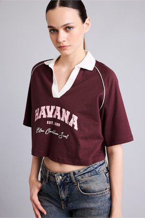 DeFacto %100 Pamuk Oversize Kontrast Polo Yaka Baskılı Crop Tişört I6806AX26AUBR2