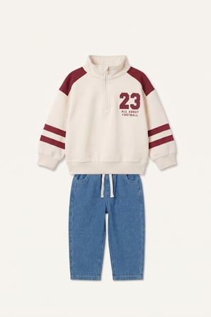 Dik Yaka Fermuarlı Baskılı Sweatshirt Üst Jean Pantolon 2'li Takım Erkek Bebek