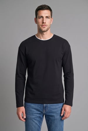 %100 Pamuk Regular Fit Bisiklet Yaka Kontrast Detaylı Uzun Kollu Basic Tişört