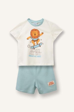 DeFacto %100 Pamuk Hayvan Baskılı 2'li Pijama Açık Mavi Takımı Erkek Bebek H4028A526HSGN1093