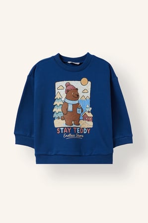 Kış Temalı Ayı Baskılı Oversize İçi Yumuşak Tüylü Kalın Sweatshirt Erkek Bebek