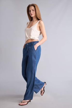 Wıde Leg Yüksek Bel Uzun Tencel Yıkama Efektli Jean Pantolon