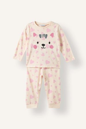 DeFacto %100 Pamuk Hayvan Figürlü ve Kalp Desenli Uzun Kol Üst Lastikli Paça Alt 2'li Pijama Takımı Kız Bebek I3903A526AUER105