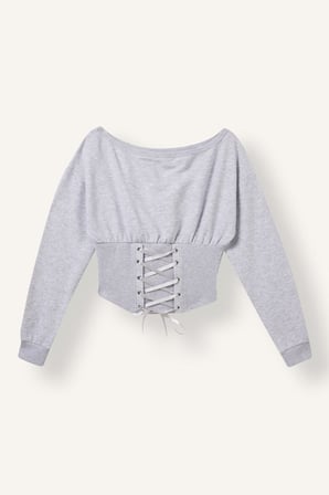 Slim Fit Kayık Yaka Korse Detaylı Crop Basic Sweatshirt