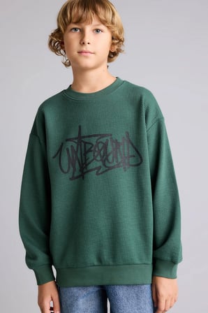 Oversıze Bisiklet Yaka Waffle Sweatshirt Erkek Çocuk