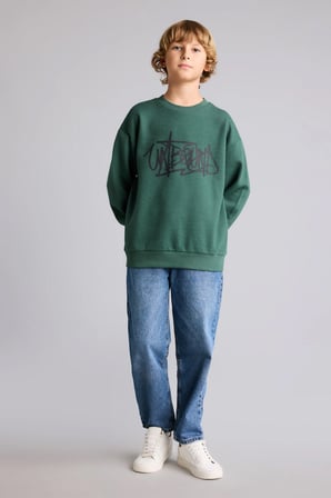 Oversıze Bisiklet Yaka Waffle Sweatshirt Erkek Çocuk
