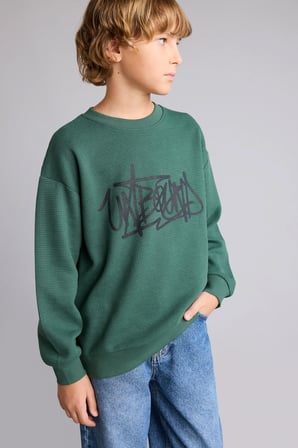 Oversıze Bisiklet Yaka Waffle Sweatshirt Erkek Çocuk