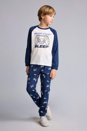 Baskılı Uzun Kollu Pijama Üstü Uzun Pijama Altı 2'li Pijama Takımı Erkek Çocuk