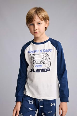 Baskılı Uzun Kollu Pijama Üstü Uzun Pijama Altı 2'li Pijama Takımı Erkek Çocuk