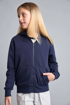 Defacto C8110A8NV241 Lacivert Fermuarlı Kanguru Cepli Kapüşonlu Basic Sweatshirt Hırka Kız Çocuk