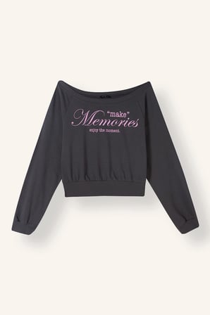 Cropped Fit Kayık Yaka Baskılı Sweatshirt
