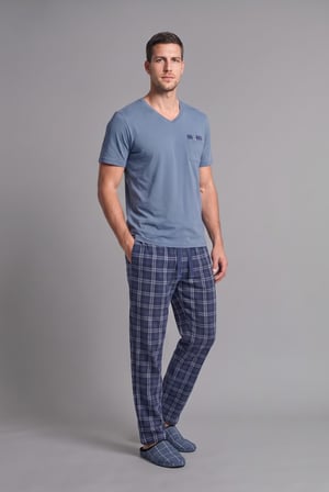 DeFacto New Regular Fıt Kısa Kollu Üst Ekose Alt 2'li Pijama Takımı H7441AX26AUBE485