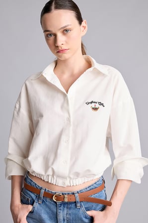 Oversize Crop Lastikli Etek Göğüs İşlemeli Gömlek