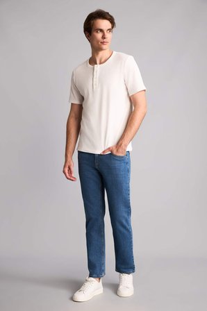 DeFacto Slım Fıt Pamuklu Fitilli Kısa Kollu Henley Yaka Tişört I3004AX26SPER105
