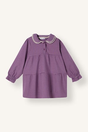 Fırfırlı Bebe Yaka Pötikareli Uzun Kollu Twill Elbise Kız Bebek