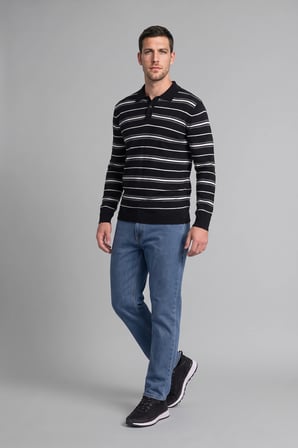 Standart Fit Polo Yaka Çizgili Triko Kazak