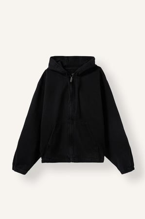 Oversize Fermuarlı Kapüşonlu Pamuklu Jean Ceket