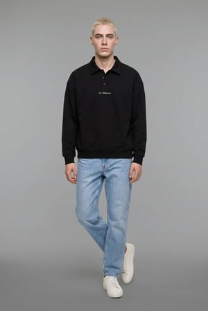 Defacto H3175AXBK81 Siyah Boxy Fit Basic Polo Yaka Uzun Kollu İşlemeli Sweatshirt