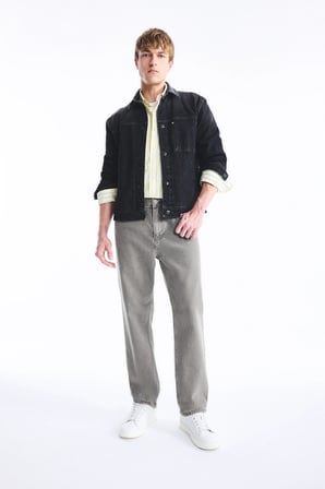 Regular Fit Deri Yaka Düğmeli Uzun Kollu Jean Ceket