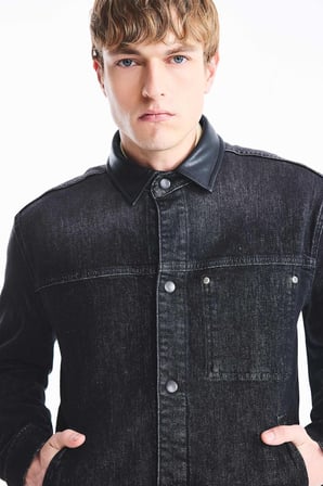 Regular Fit Deri Yaka Düğmeli Uzun Kollu Jean Ceket