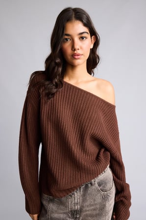 Regular Fit Düşük Omuzlu Kayık Yaka Triko Basic Kazak