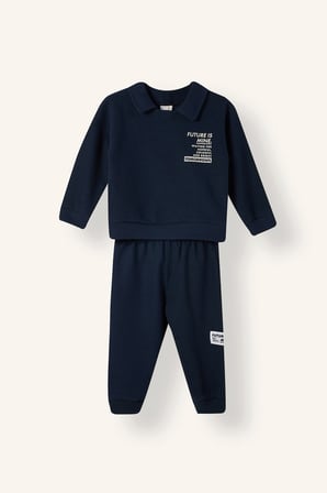 Baskılı Uzun Kollu Sweatshirt Üst Lastikli Paça Eşofman Altı 2'li Takım Erkek Bebek