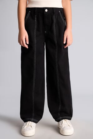 DeFacto %100 Pamuk Kontrast Dikişli Barrel Fit Esnek Bantlı Paça Gabardin Pantolon Kız Çocuk I3480A826WNBK81