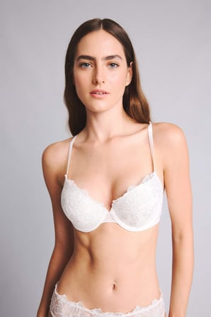 Dantel Detaylı Brode Kaplı Push Up Balenli Ecru Bra
