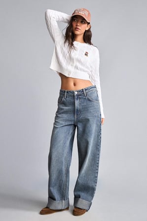 %100 Pamuk Baggy Fıt Yüksek Bel Katlamalı Paça Crop Jean Pantolon