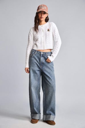 %100 Pamuk Baggy Fıt Yüksek Bel Katlamalı Paça Crop Jean Pantolon