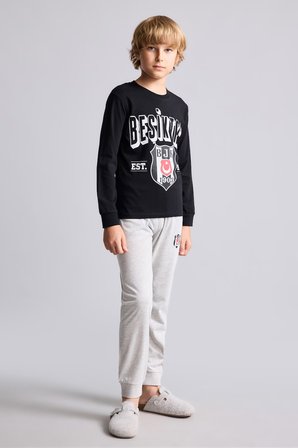 DeFacto %100 Pamuk Beşiktaş Baskılı Bisiklet Yaka Uzun Kollu 2'li Pijama Takımı Erkek Çocuk I2027A826AUBK81