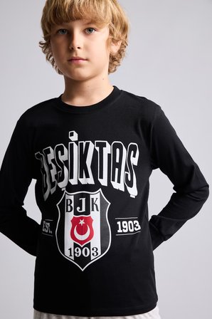 DeFacto %100 Pamuk Beşiktaş Baskılı Bisiklet Yaka Uzun Kollu 2'li Pijama Takımı Erkek Çocuk I2027A826AUBK81