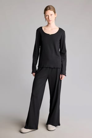 %100 Pamuk Dalgalı Bitişli Regular Fit Uzun Kollu 2'li Pijama Takımı