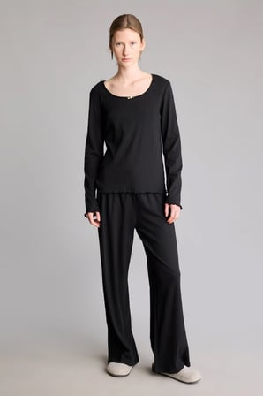 %100 Pamuk Dalgalı Bitişli Regular Fit Uzun Kollu 2'li Pijama Takımı