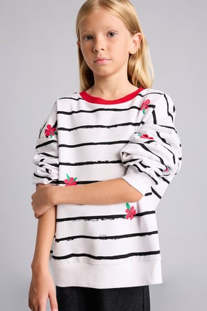 Relax Fit Çizgili Çiçekli Bisiklet Yaka Uzun Kollu Sweatshirt Kız Çocuk