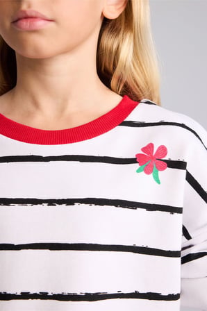 Relax Fit Çizgili Çiçekli Bisiklet Yaka Uzun Kollu Sweatshirt Kız Çocuk