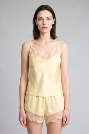 DeFacto Regular Fıt Askılı Tül Detaylı 2'li Saten Açık Sarı Pijama Takımı H0353AX26SMYL83