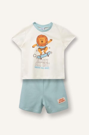 DeFacto %100 Pamuk Hayvan Baskılı 2'li Pijama Açık Mavi Takımı Erkek Bebek H4028A526HSGN1093
