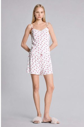 DeFacto Regular Fıt Şortlu Askılı Desenli 2'li Ekru Pijama Takımı H7393AX26HSER98