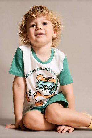 DeFacto %100 Pamuk Baskılı Kısa Kollu Üst Şort Alt 2'li Pijama Takımı Erkek Bebek H8217A526HSER105