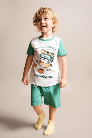 DeFacto %100 Pamuk Baskılı Kısa Kollu Üst Şort Alt 2'li Pijama Takımı Erkek Bebek H8217A526HSER105