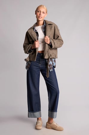 Regular Fit Çift Düğmeli Kemerli Kısa Kaşe Kaban