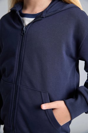 Defacto C8110A8NV241 Lacivert Fermuarlı Kanguru Cepli Kapüşonlu Basic Sweatshirt Hırka Kız Çocuk