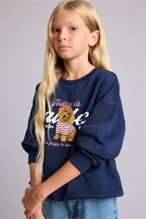 Relax Fıt Bisiklet Yaka Hayvan Desenli Sweatshirt Kız Çocuk