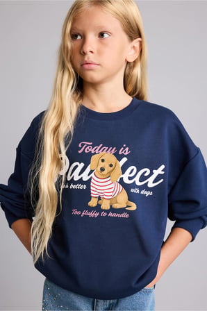 Relax Fıt Bisiklet Yaka Hayvan Desenli Sweatshirt Kız Çocuk
