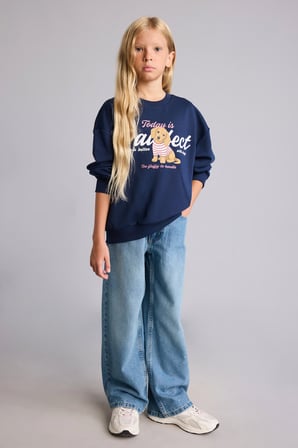 Relax Fıt Bisiklet Yaka Hayvan Desenli Sweatshirt Kız Çocuk