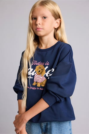 Relax Fıt Bisiklet Yaka Hayvan Desenli Sweatshirt Kız Çocuk